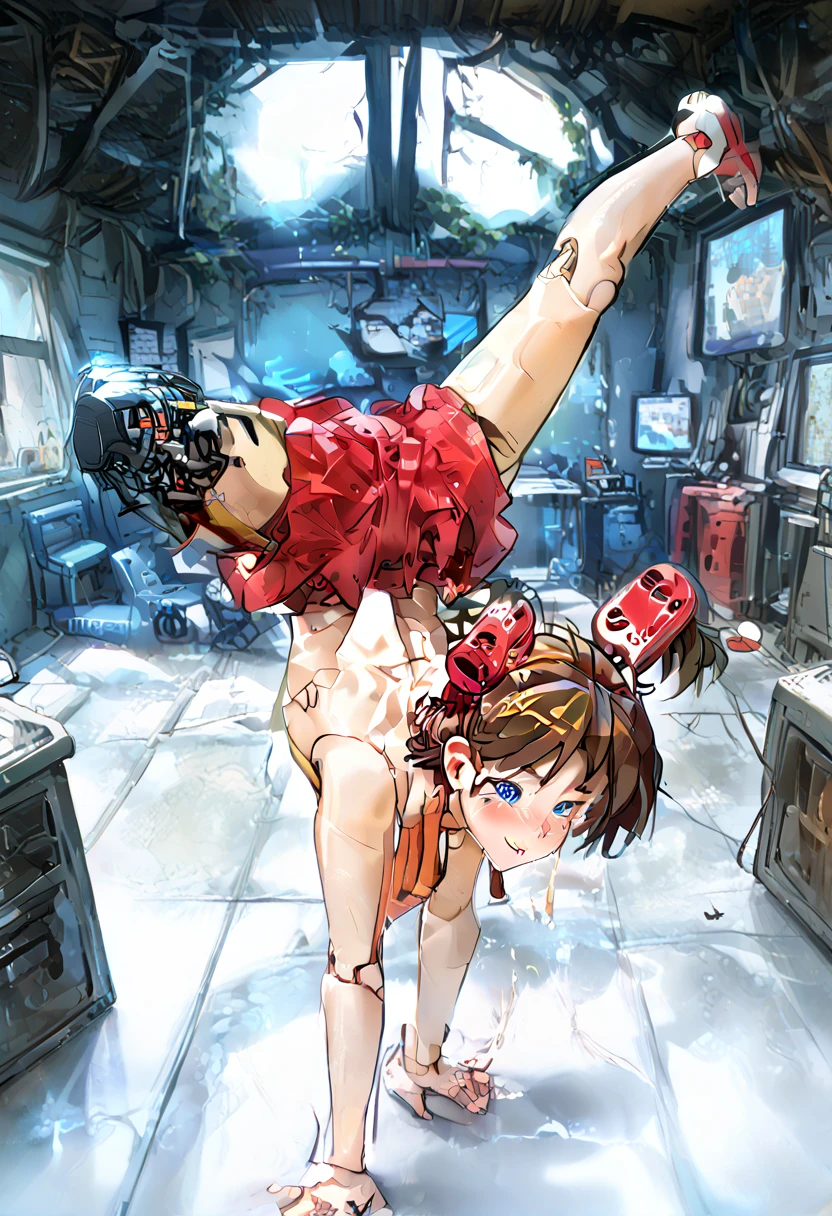 One girl, bondage, tied to torture machine, tickling, laughing, hate it, screaming, naked, full body, hands on anothers hips