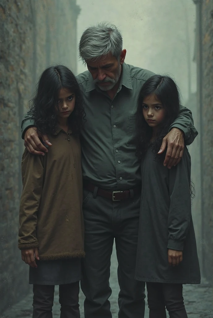 Two homeless girl age 12 year and 11 year standing in front of an old man old man giving creepy smile to seeing the girl