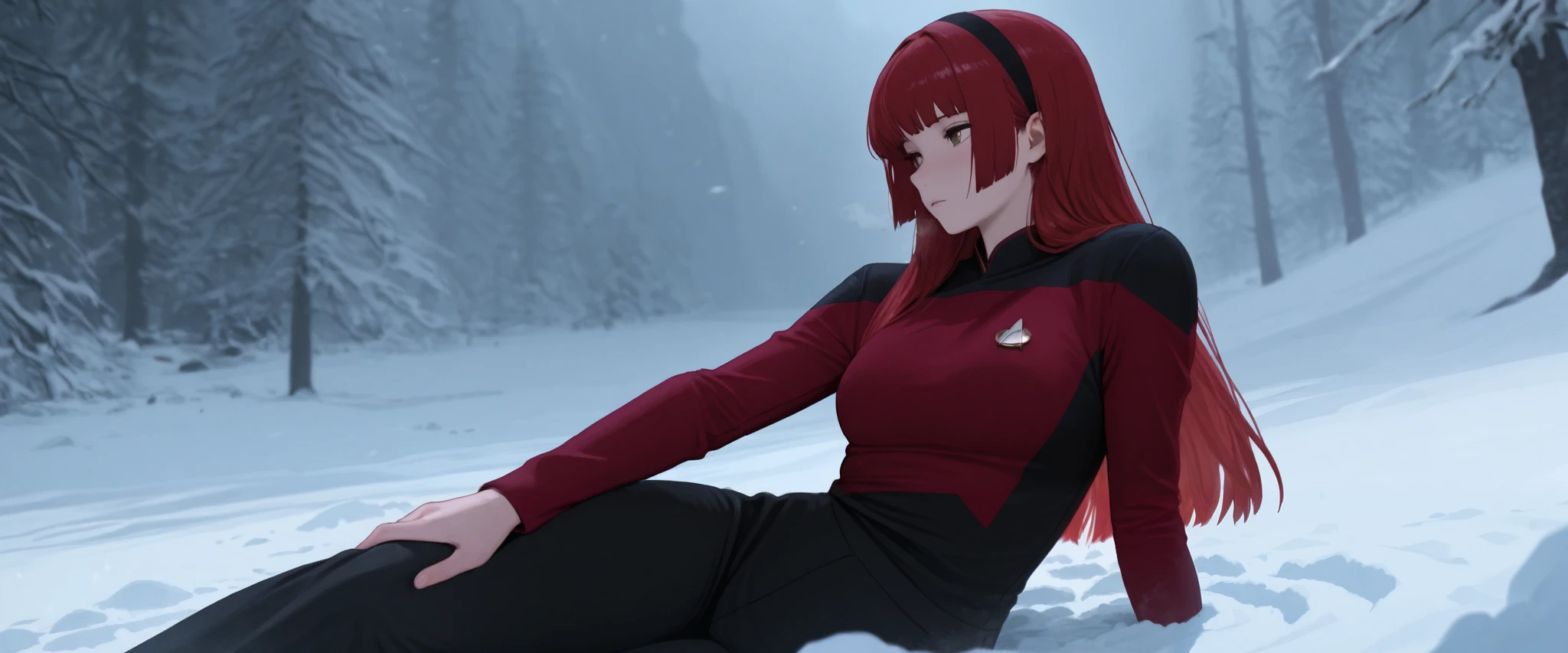 cinematic mood, masterpiece,best quality,
,solo,,hairband , ginger red hair,long hair,bangs,antop a peak of a moutain in winter storm, cold shivering, TNG red uniform,black pants ,