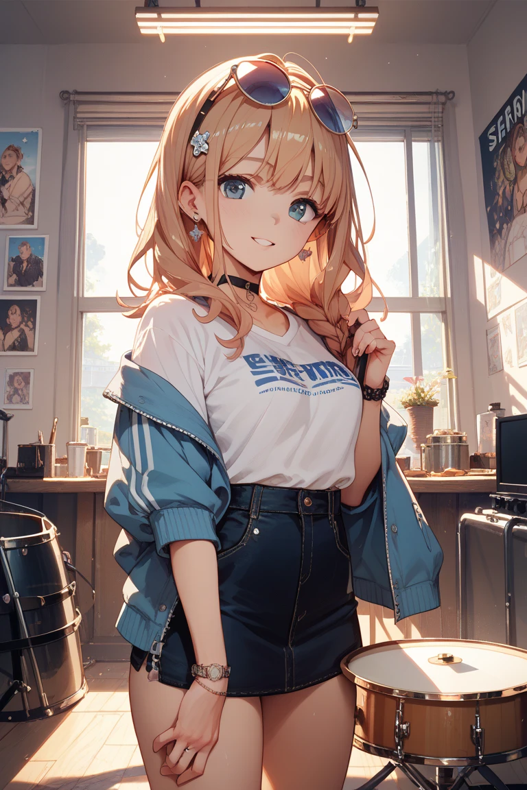 Woman with blonde hair, hair tied in a high ponytail, subtle makeup with emphasis on the eyes, rebellious cheerleader, sporty plaid pleated skirt, tight top, knee-high socks with contrasting stripes, high-top sneakers