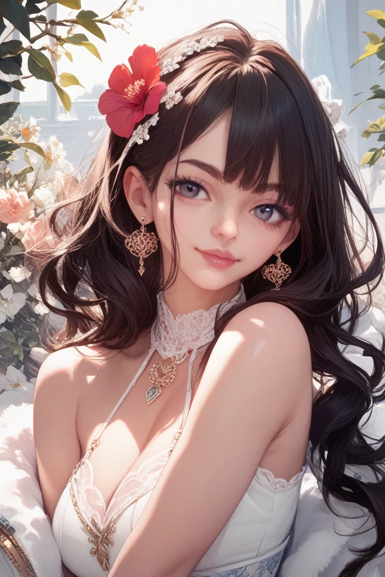 A captivating portrait of a 19-year-old woman. She features long, luscious curly brown hair, a delicate and enchanting face, and striking light brown eyes that seem to pierce through the viewer's soul. Her full, pink lips contrast beautifully with her fair complexion. Clad in an elegant, form-fitting dress with a plunging V-neckline, el vestido está mojado por qué está bajo la lluvia. El vestido se transparenta y se ven los pezones 
erectos. Grandes pechos  her youthful beauty and allure are accentuated. A gold crucifix adorns her neck, adding a touch of sophistication and depth. The artist's skillful brushstrokes capture the essence of youth, beauty, and mystery, inviting the viewer to ponder the enigmatic spirit of this captivating subject., cinematic, illustration, vibrant, dark fantasy