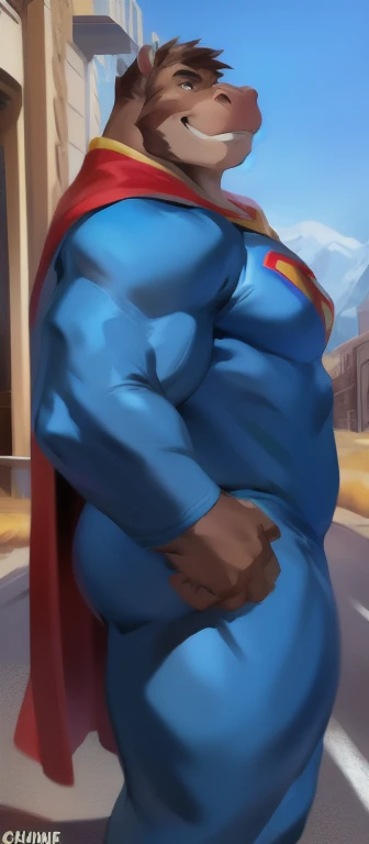 4k resolution, brown wolf wearing Superman spandex costume, red boots, showing his butt, by chunie