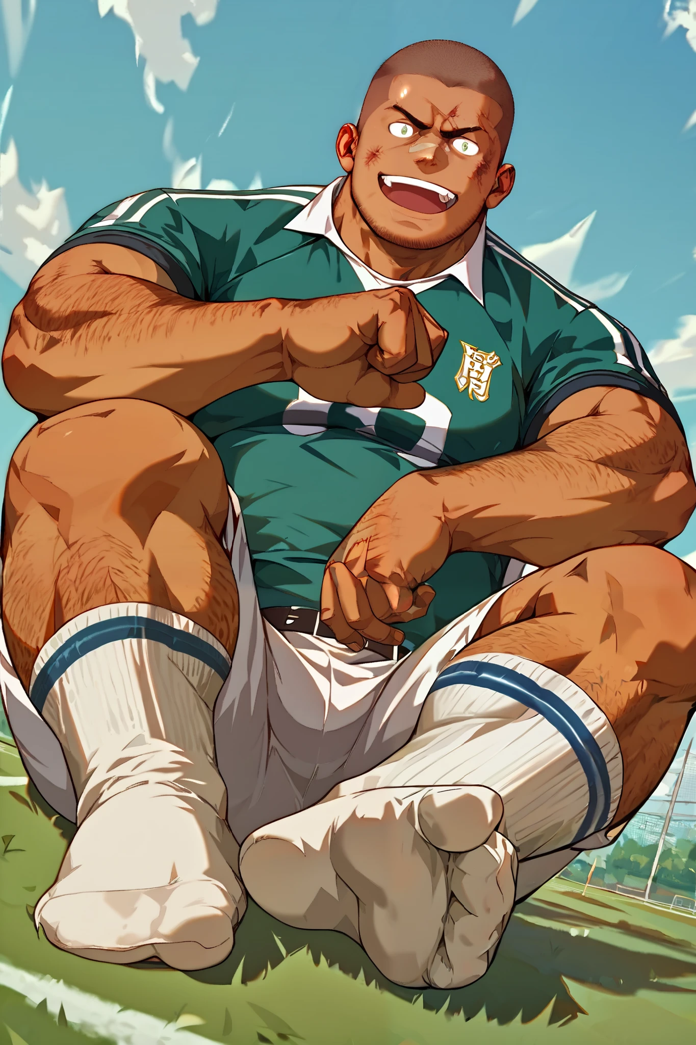 Highest quality、Shaved head、Very tanned skin、Fat Japanese、 full body view、angle from below、round face、Angry Eyes、 and their mouths are smiling、Body hair growing、 back of socks、rugby jerseys、There are no shoes、Sitting on the ground