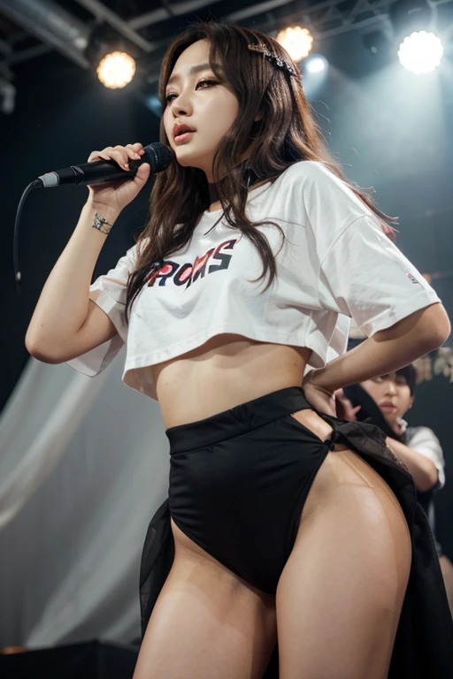 {There is a woman standing on stage with a microphone.}, performing on stage, large Thighs, exposed Thighs, exposed Thighs!!!, thick Thighs, on stage, {{{From a white mini skirt、Red panties are visible}}}, Thighs, Chubby, Thighs close up, Thighs!!!!!!, Chiho, Thighs!!!, Spread your legs, On Stage