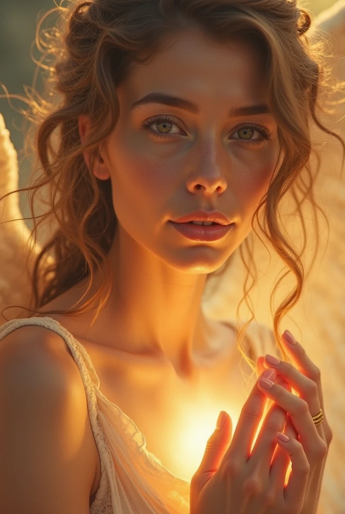 Um anjo da guarda com asas majestosas, lovingly enveloping someone with your heavenly mantle