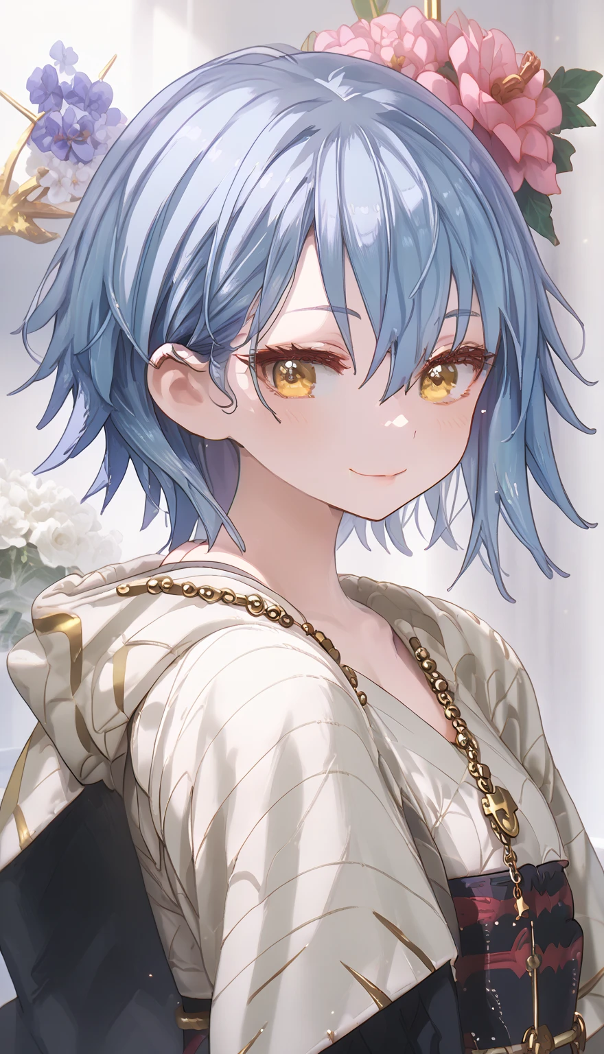 「(8k wallpaper:1.5)、(high-level image quality:1.3)、(Anime Watercolor:1.8)、(girl with、独奏、cute little、short-hair:1.8)、(beatiful detailed eyes, flowers in the eyes:1.2)、(Smile:1.5)、(doress、Pedras preciosas:1.5)、(Purple, an orange, gradients:1.5)」