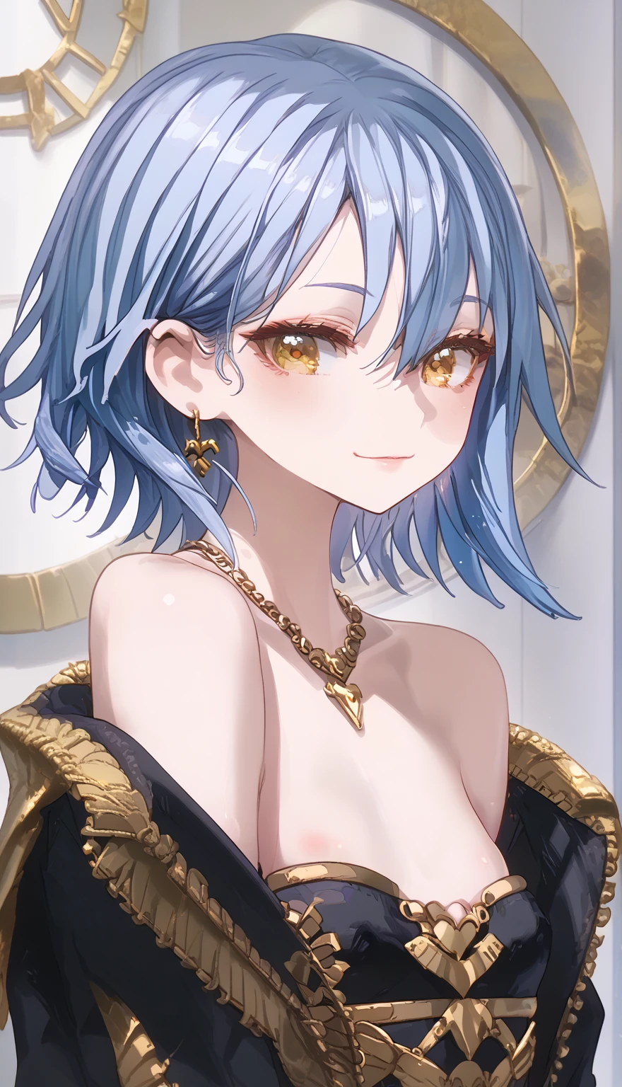 masterpiece,best quality,ultra detailed　,1girl　 ,black hair　 ,medium hair　 ,wavy hair　nude　　Completely naked　gold decoration on the body　Body Art　smile　Sweat　Gold and blue decoration