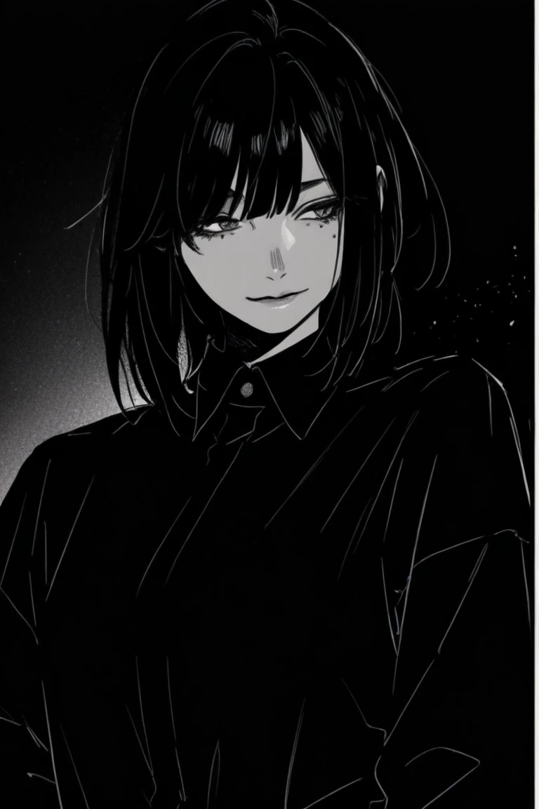 (Masterpiece:1.2, Best Quality), 1 woman, whole body, black sweater, Casual, by the green wide, minimal makeup, , pale,Natural fabrics, closeup face, evil smile, bright eyes circular pupils,8K high resolution, detailed lines, ((whole body))