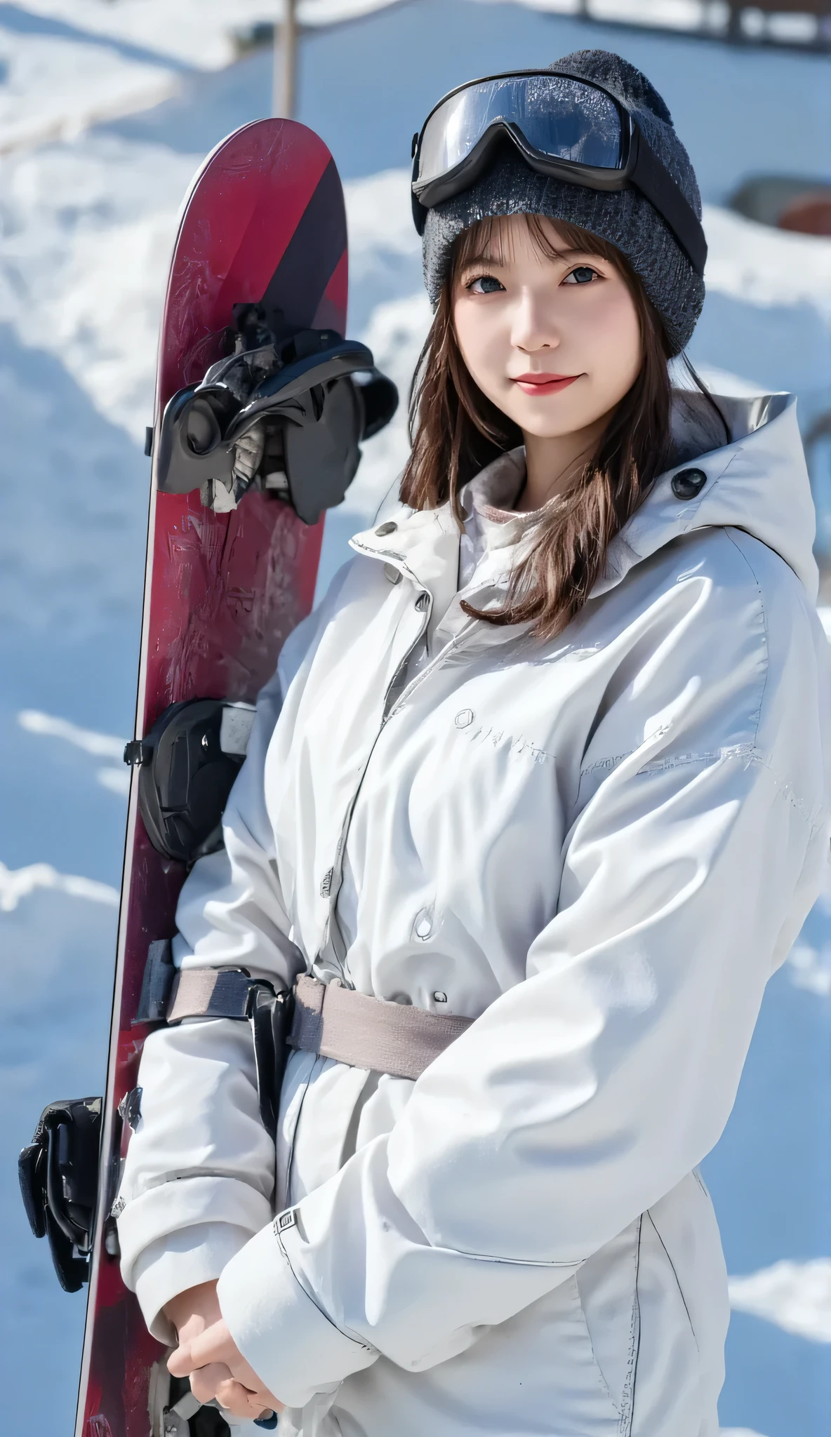 1 woman、high resolution, masterpiece, anatomically correct, 最high quality of wavy lines, high detail, high quality of wavy lines, Ultra Fine, textured skin in 10,000 holes,  Hair, smiles,photo quality, Aperture F2.8,Ski resort、 Snow Mountain 、Snowboarder、Ski wear holding a snowboard with both arms、with a lift on the back、knitted cap with hidden face、Ski goggles on the head、Japanese woman、20th Generation、 waist up 、Slopes