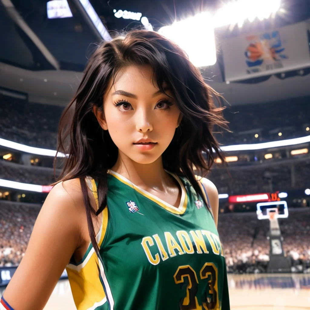 During the match、While playing、Indian、(RAW Photography、4k、​masterpiece、hight resolution、very intricate)(realisitic:1.4)、Movie Lighting Delicate girl with facial features 1 girl、single focus、huge tit、cleavage of the breast)、(top-quality)、(Hi-Res)、(extremely delicate and beautiful)、、(Beautiful 8k face)、(brown-eyed)、(ulzzang-6500:1.0)、(独奏)、(Watching side)、(audience)、(huge tit)、(NBA)、Stooping、、Lookside、(side)、、(Basketball sportswear)、((playing basketball))、((Gymnasium))、((speedo))、(现实)、
