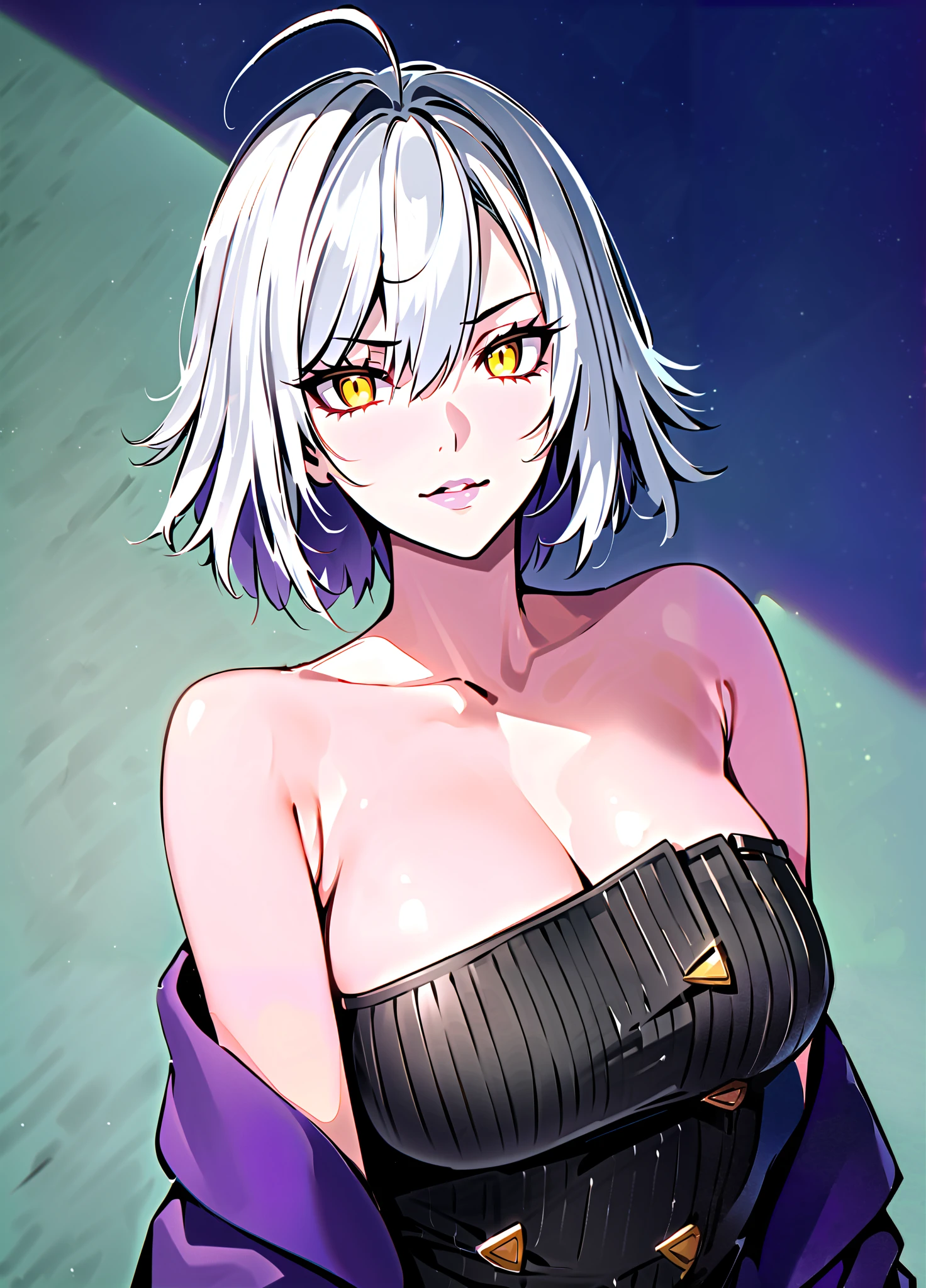 score_9,score_8_up,score_7_up,score_6_up, Expressiveh, 1girl, solo, bare shoulders, (fate), jeanne alter, jalter, white hair, yellow eyes, ahoge, short hair,