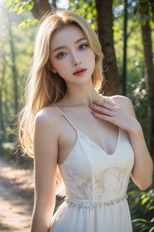 8K,Woman looking out in the garden,Super Beauty(Like the real thing),White dress,Beautiful views,Blonde Curly Hair,Exposing shoulders, Hairstyle, Beautiful expression,blue eyes, Messy, I am proud, Absurd, Elegant dress, Royalty, celebration, Hall decorated with flowers, Cowboy Shot, Portraiture, (highest quality), (Tabletop), (Very detailed), masterpiece,highest qualityのフォトリアリスティックなRAW写真。Backlight, Cinema Lighting, Film Grain, to be born, 50mm lens, Nikon D850,Ultra-Realistic Skin,Fantasy art,Character Art,Ultra-high resolution,Muscular and slender body type,Perfect hands,compensate,Bust shot close-up,Dynamic pose,Very large breasts,