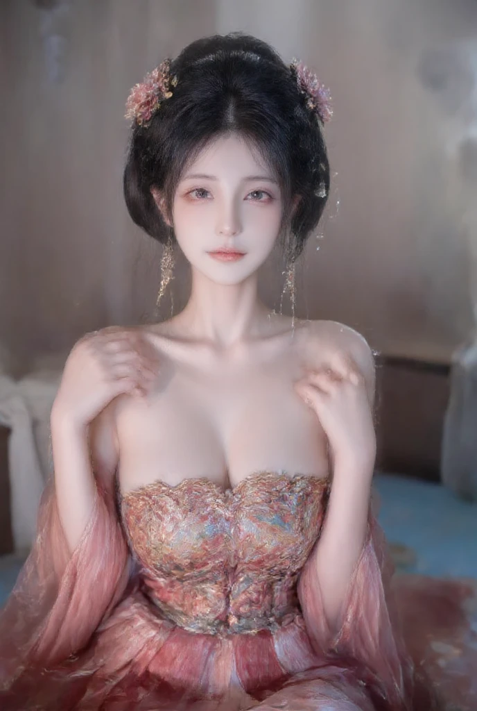 1 beautiful girl, long black hair, black eyes, Ancient Chinese style bun, wearing a thin silk shirt of ancient China, appears shoulders and head in the photo, plump red lips, pout, mouth shut, embarrassed, small face makeup detailed and very beautifull, breast augmentation, ((big blum boobs:1.2)), cover part of a girl's breasts with silk cloth, blush, from front, wear earrings, necklaces, from above, looking at viewer, upturned eyes, masterpiece, top quality, best quality, official art, unity 8k wallpaper, highres, ultra-high res, ultra-detailed, (photorealistic:1.2), alone, solo, Only 1 girl, style hanfu Dunhuang,