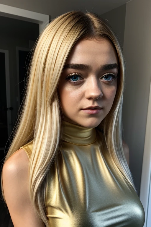 (best quality), 1girl, female, porcelain skin, blonde hair, straight hair, medium hair, bangs, swoopy tips, Flipped-up ends, brown eyes, perfect eyes, crop turtleneck top, black skirt, slender, , small bust, shy, masterpiece, anatomically correct, highres