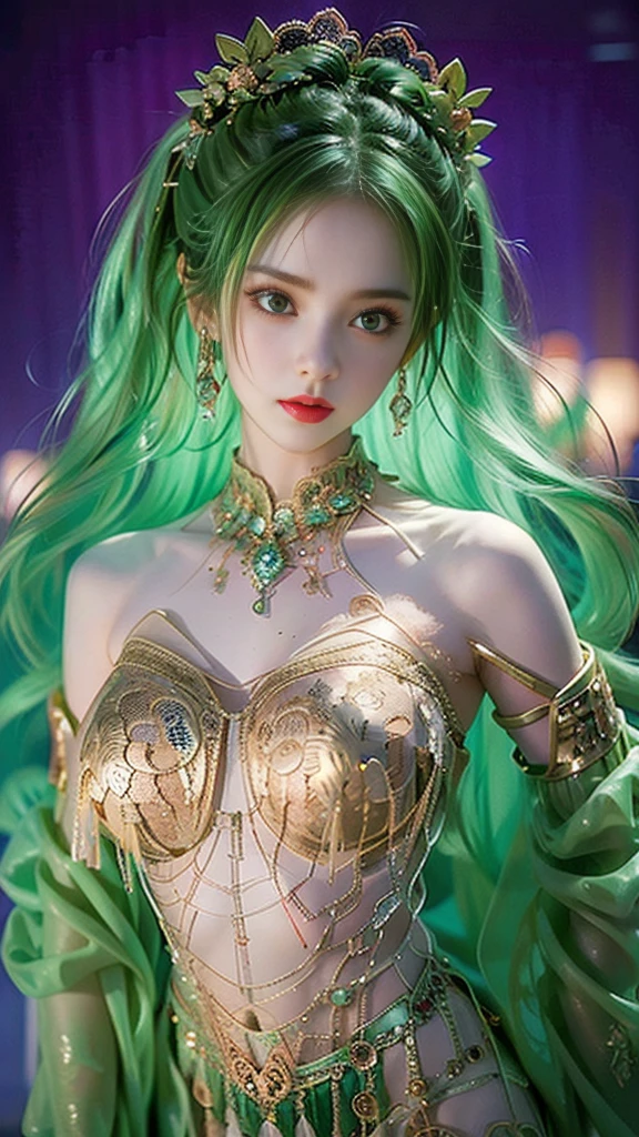 full body, matte painting of a green haired anime girl with sparkling brown eyes with Star motif, wearing a traditional green kebaya, holding hair, her hand is wearing a sparkling green ring, detailed glitter, deep color, fantastic, intricate details, splash screen, complementary colors, fantasy concept art, 8k resolution is trending in Artstation Unreal Engine 5 " glamorous and glittering, with Realistic Glitter Sequined Portrait. 4k, very detail,