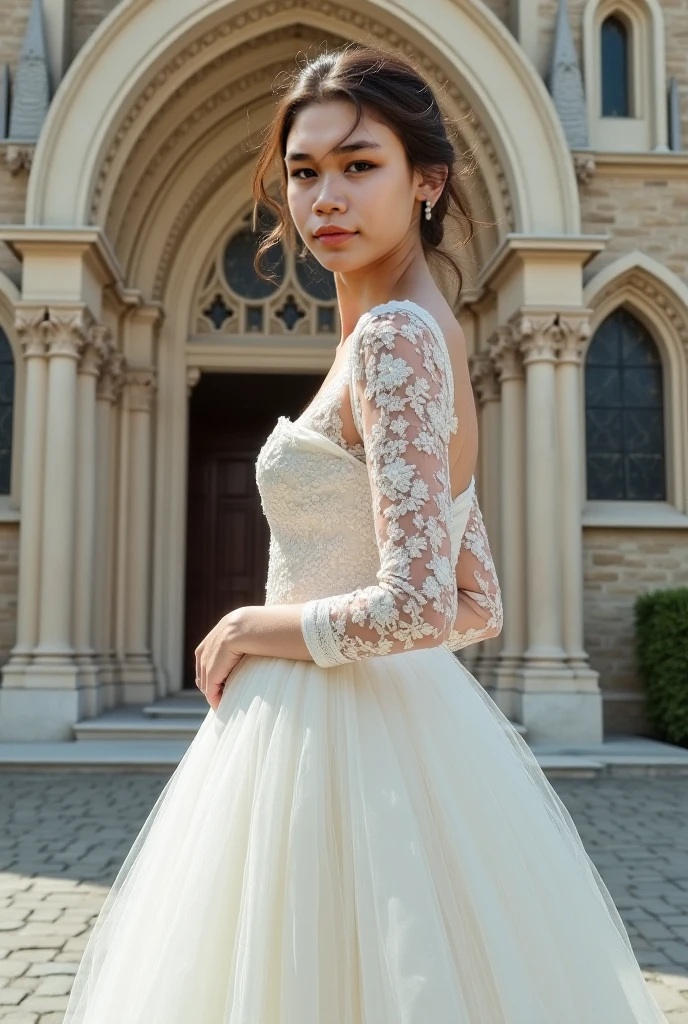 Ashleigh Emmalee, very young, beautiful, 8k, 17 years old, (1girl:1.2), whole body, far angle camera, wear fashionable lace wedding dress: 0.75, different design weeding dress, nude:0.25, , in a church, elegant poses, dynamic shot,  masterpiece, best quality, ultra-detailed, ultra realistic:1.5, photorealistic:1.5 , analog style, bokeh, skin pores, (skin texture), (film grain:1.3), (warm hue, warm tone:1.2), cinematic light, sidelighting, ultra high res, best shadow, RAW, upper body, photoshoot by DSLR, Fujifilm XT3, medium full shot
