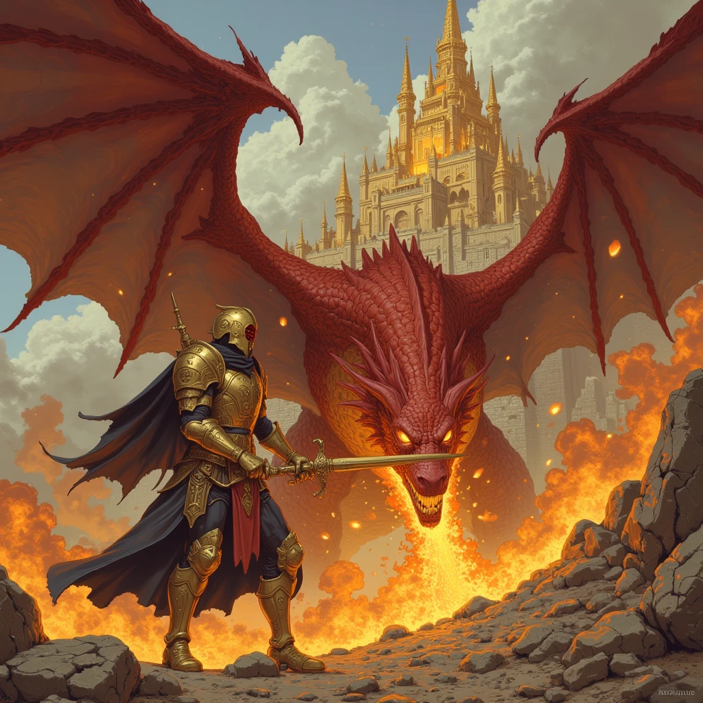 old large red dragon breathing animated fire, on a hero who is holding a shield to protect themselves from the flames