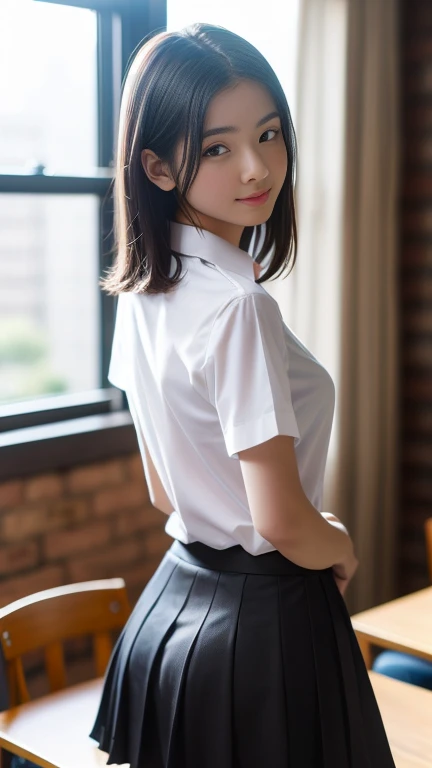 (Highest quality, 8K, masterpiece ), A 12-year-old junior high school student with a young face、Bun hairstyle、 Short Hairstyles、The eyes are large and clear、F cup large breasts、Black Hair、My shirt is about to tear、Glamour thighs:1.2、satin button down shirt, Highly detailed face, double eyelid, Round face:1.2、whole body、Sexy thighs:1.2、Round face:1.3、Side angle,Diagonal horizontal angle:1.2、Pleated mini skirt、Sitting in a chair in a dark office at night with the lights out、A computer is placed in a dark office at night with the lights off.