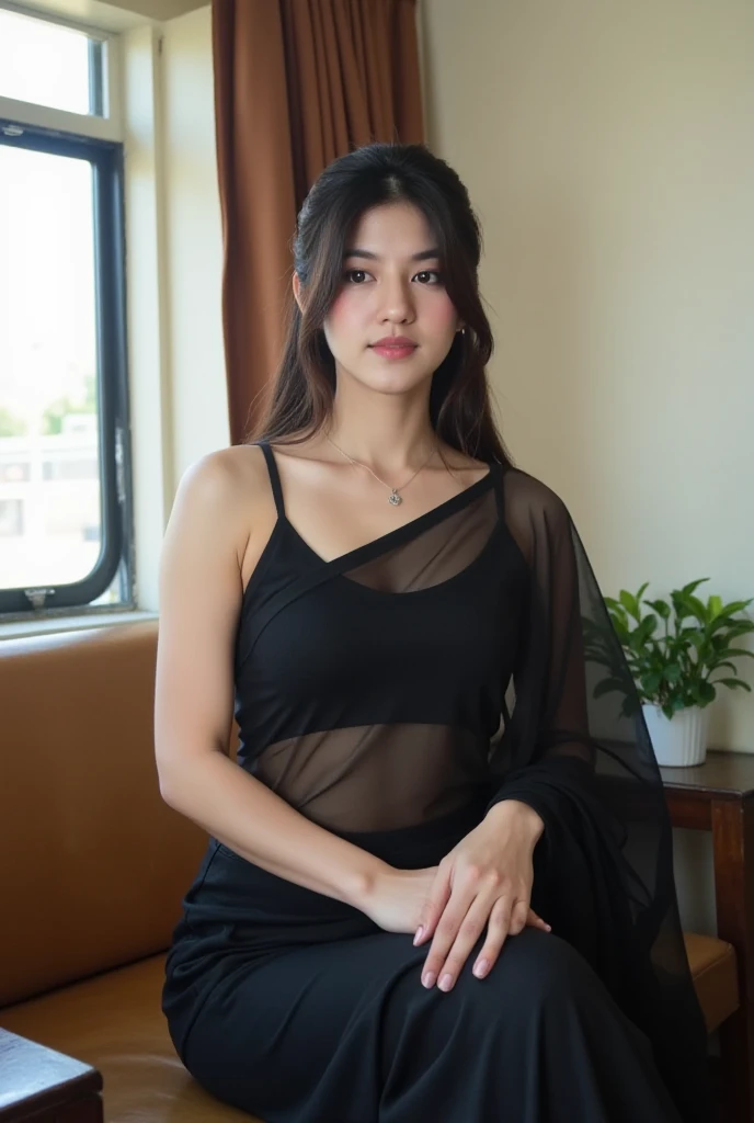 8K, Chinese Korean mixed woman , looks like Linda Evangelista, long braid hair, high forehead, looking straight at us, narrow very small eyes, small nose, very thin face, sharp cheekbones, plump lips, bow-shaped lips, thin neck, realistic quality, full waist up pose , upper knees pose , half-opened minimalist seethrough transparent short clothes , indoor at artfull suites room 