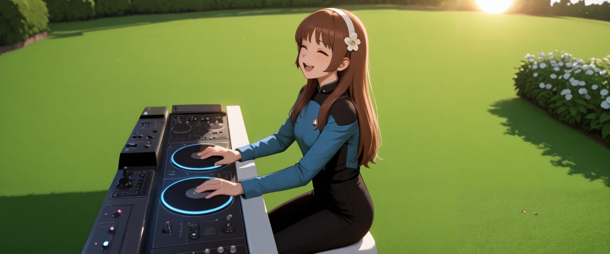 masterpiece,best quality,
,solo,,hairband , brown hair,long hair,bangs,in a garden,flower in hair,green grass,sun,happy, DJ, DJing at rave, TNG blue uniform,black pants ,