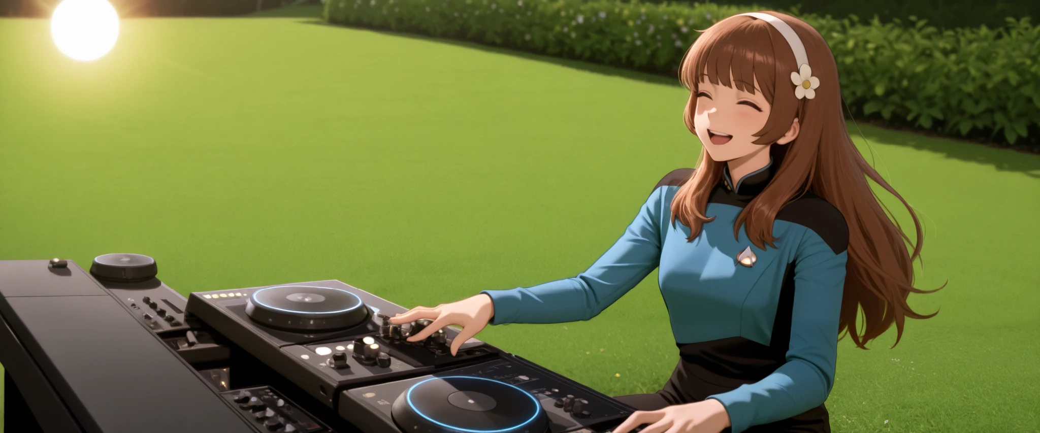 masterpiece,best quality,
,solo,,hairband , brown hair,long hair,bangs,in a garden,flower in hair,green grass,sun,happy, DJ, DJing at rave, TNG blue uniform,black pants ,