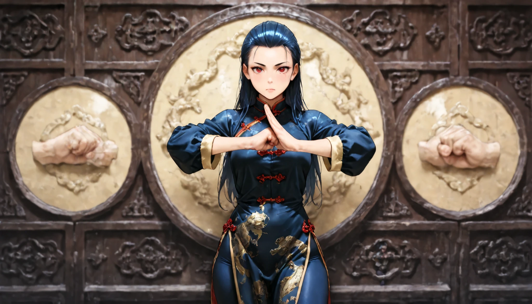solo, masterpiece, best quality, amazing quality, detailed background, intricate details, dark blue hair, hair slicked back, red eyes, long hair, dark blue leggings, chinese clothes, fist-palm salute, fist and palm folded in front, [[[adult female]]]