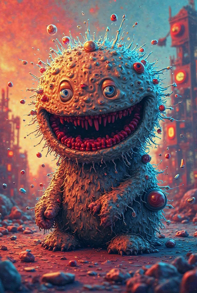 digital painting, caricature, funny slime monster, big red eyes, fangs, multicolored slime, funny horror, try to by scary but is funny, immersive background of city street
