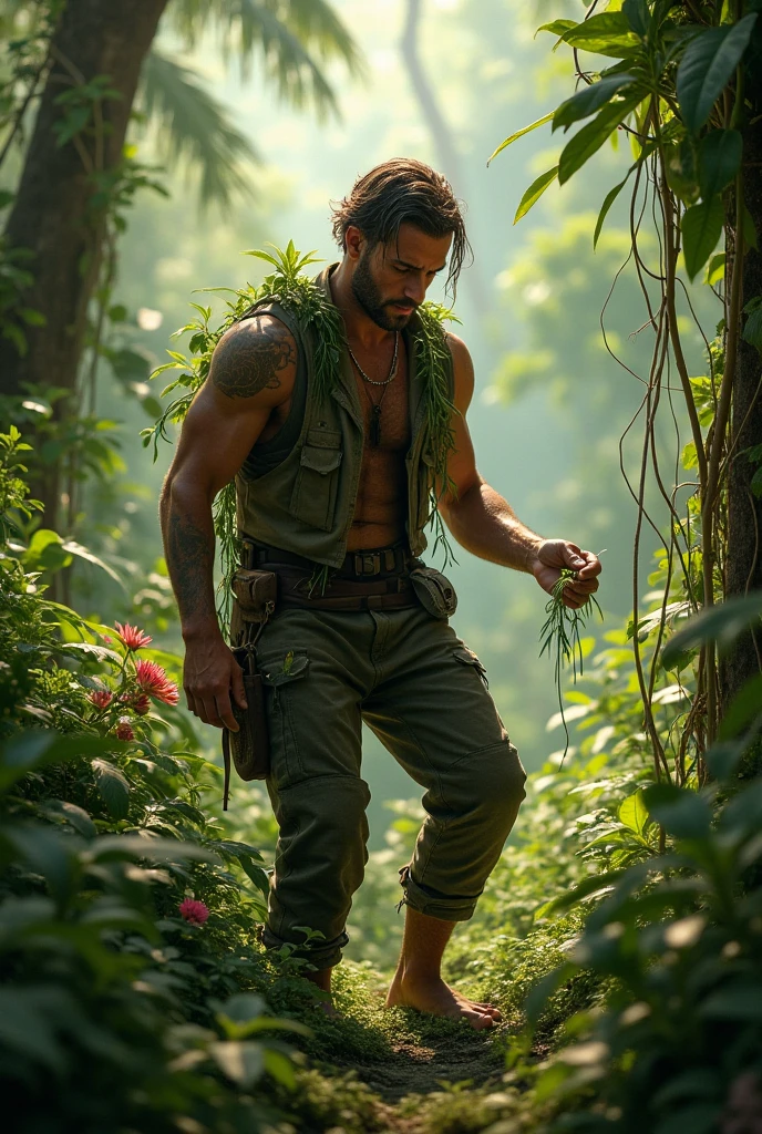 A young and extremely handsome rugged adventurer lost in a lush and foggy jungle, determined to complete hismission, short messy hair