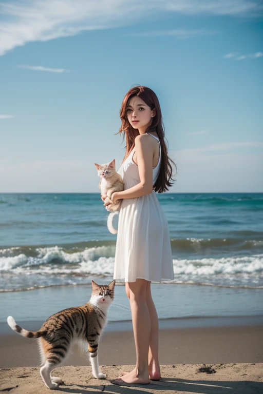 best quality, ultra high resolution, (photorealistic: 1.4), (detailed beautiful girl: 1.4), (medium breasts: 0.8), olhando_no_visualizador, detailed facial details, beautiful and detailed eyes, (brown hair), brown eyes, smile (makeup: 0.4), red lips, (full body, sitting, beach, high waves, ), very detailed clothes, (ulzzang-6500-v1. 1:0.3) \, cats, strong wind,