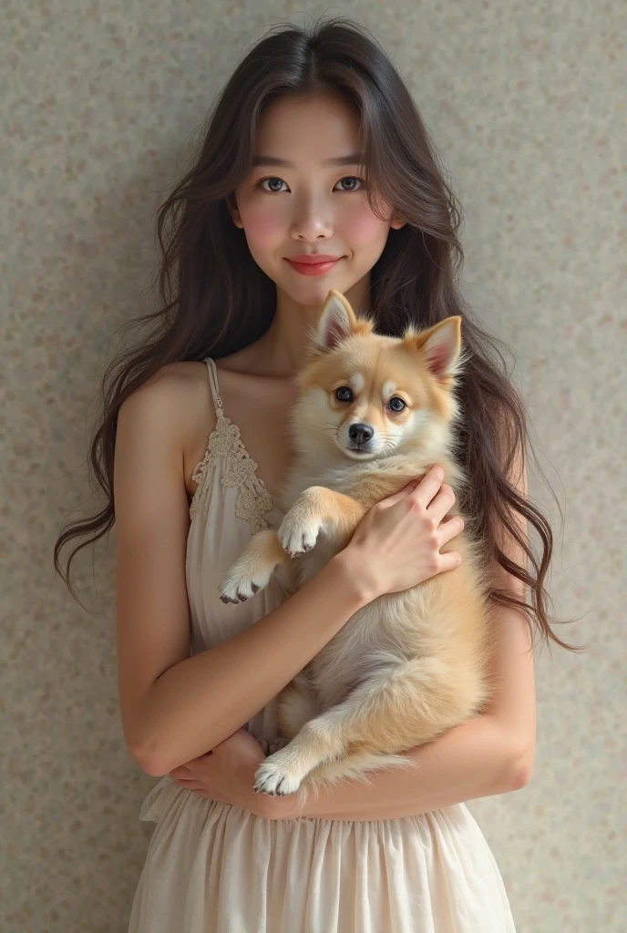 She looks 16 but、She has the cute face of a 20-year-old idol. Gentle and cute Smiling naked Small Bust She is holding a cute miniature dachshund. Miniature dachshunds are chocolate tan in color、RAW Photos Genuine Real Stick、realism、Raw photo、Life sofa Do not display copyright