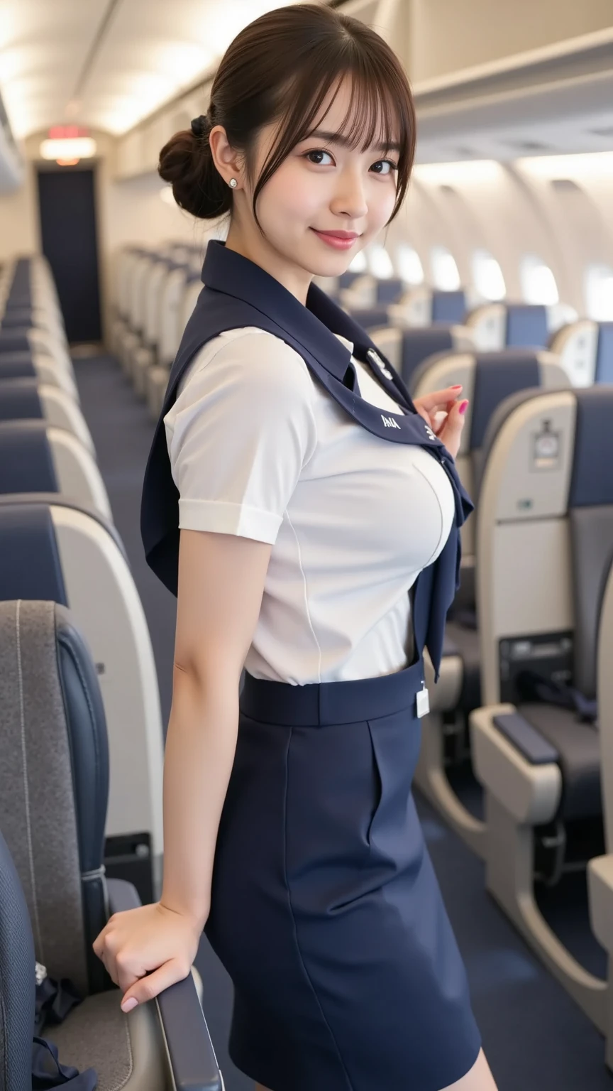 (The Ultimate Beautiful Japan Married Woman), 50s, hyperdetailed face, Detailed lips, (big eye:1.4), Double eyelids, Short brunette hair, (grin)、(White Molded Teeth), (cparted lips), (Wearing the blue uniform of a flight attendant:1.4)、((large full breasts)), thighs thighs thighs thighs、(Cowboy Shot:1.3), Perfect fit, depth of fields、Perfect image realism, Background with:((On the plane))、细致Background with, detailed costume, Perfect litthing、Hyper-Realism、Photorealsitic、8K maximum resolution, (masterpiece), ighly detailed, Professional