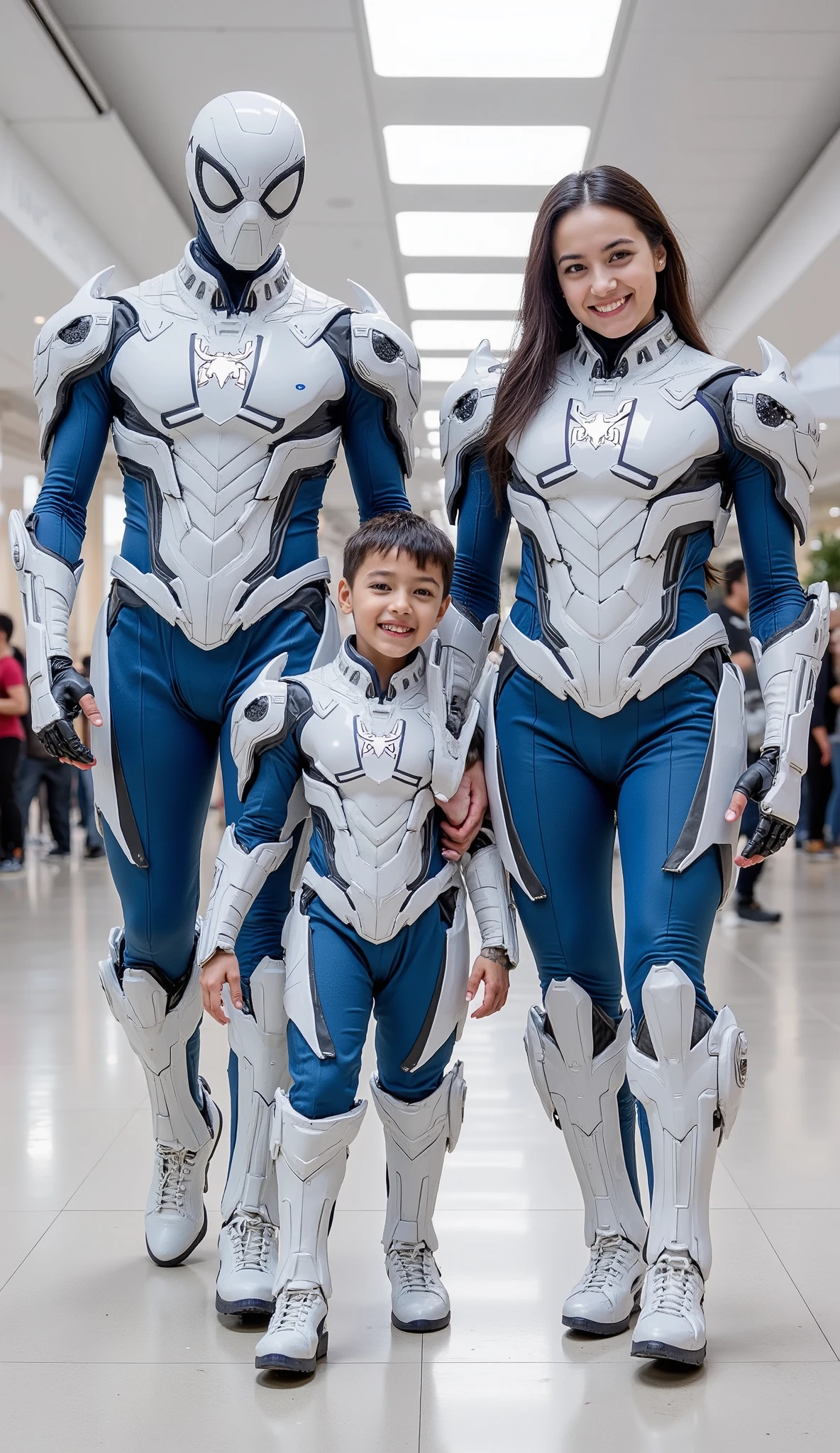 character: 1 man with mask full head, 1 boy, and ung women.
action: Walk straight and look straight ahead.
Expression : smiling.
Costume : they Wearing futuristic white Spiderman body suit with blue armor.
Background : A bright indoor public space , with people vaguely seen in the distance, shows that this picture was taken at a fun event or get-together, maybe a convention or costume . They radiate happiness as they walk confidently in their superhero costumes. Show the whole body.