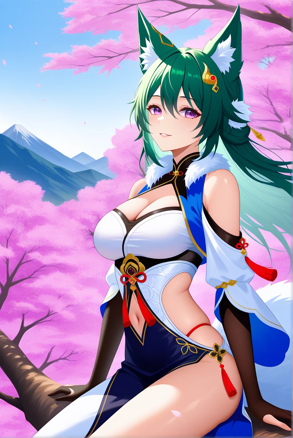 Beautiful girl mint green hair huge breasts wearing a bare-chested pink kimono sit with your legs crossed in the onsen.
