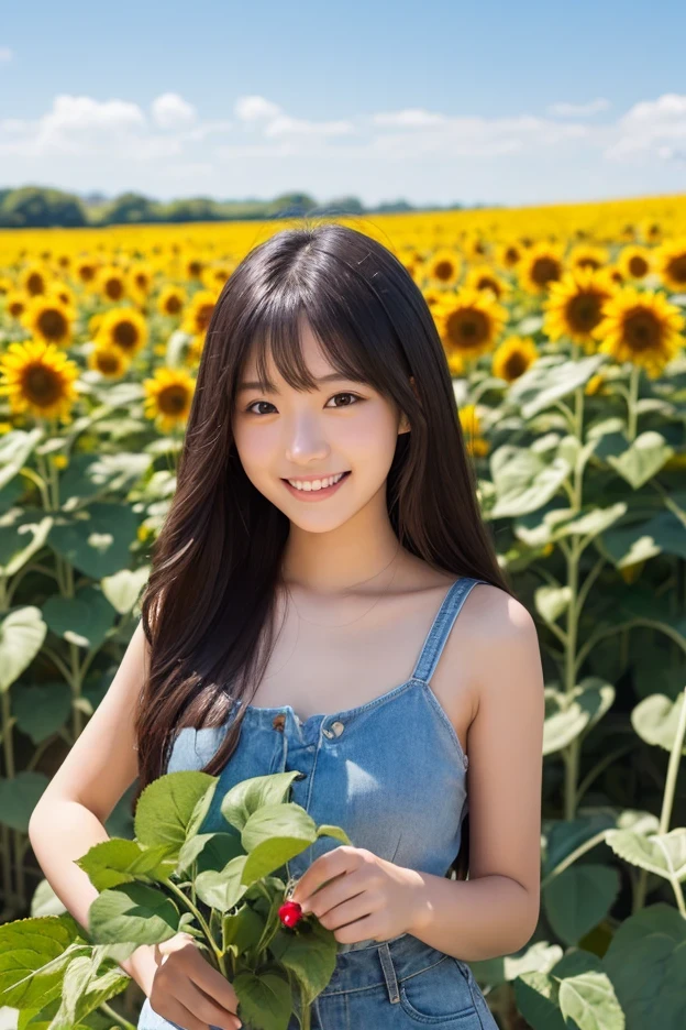 ((white dress、straw hat、flower garden:1.2))、(realistic、Photoreal、Super detailed、best detailed skin、highest quality、masterpiece、超A high resolution)、realistic肌タイプ、high school girl、simple background、cute Japanese、、young girl、have bangs、double eyelid、drooling eyes、cute smile、Charm、purity、double teeth、take a look here、The wind is blowing、summer sunshine、sunflower field