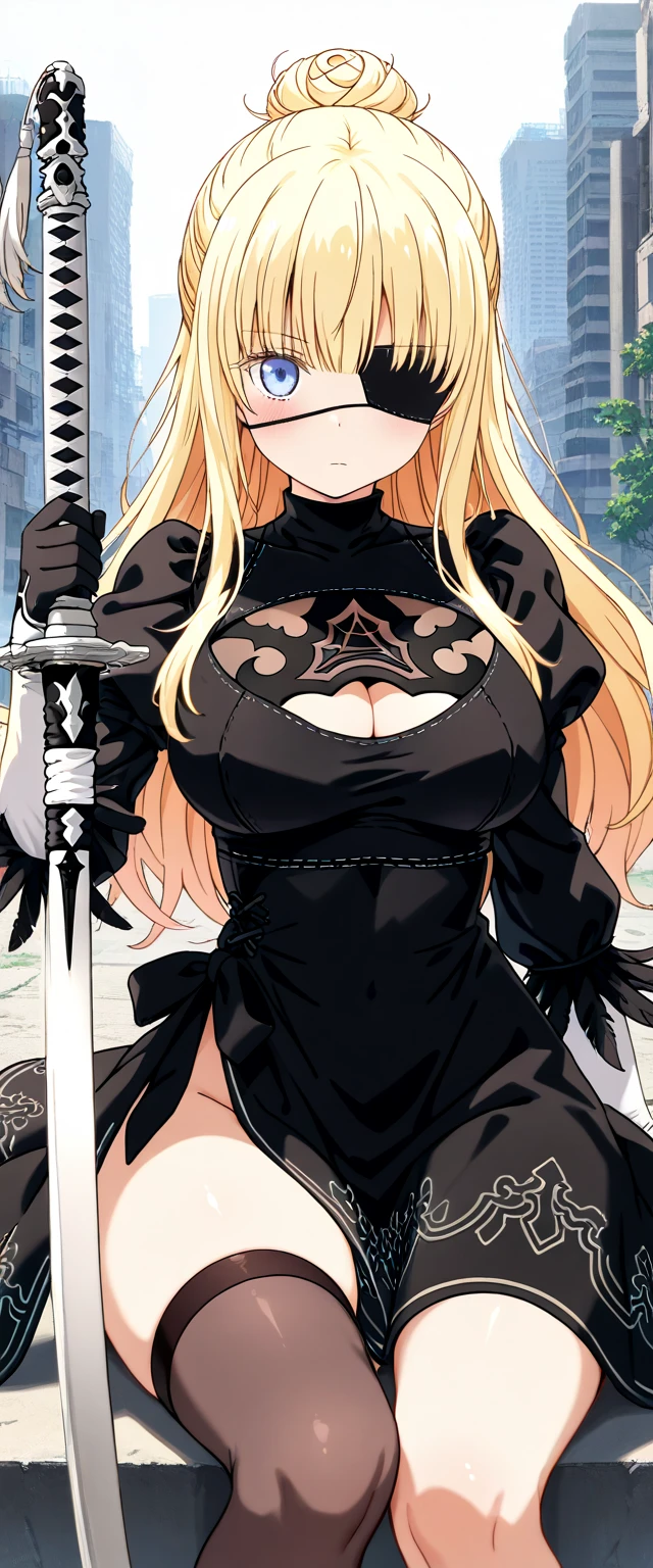 ((masterpiece)), ((best quality)), 1girl, adult, long hair, ((blonde hair)), very long blonde hair, ((intimidant look)), ((close-up)), profile image, green eyes, black and red clothes, sexy, dark colors, brillant eyes, ((coat with fur)), ((wavy hair)), exposed skin, ((sexy pose)), ((intimidant look)), good anatomy, ((dark sage clothes)), ((straight cut bangs)), emotionless, intimidant, ((beautiful eyes)), dark background, close up, ((detailed eyes)), beautiful eyes, ((detailed face)), hair bang, frontal look, evil, relaxed, smile, magical goddess othinus, detailed face, eyepatch, full body, ((detailed))