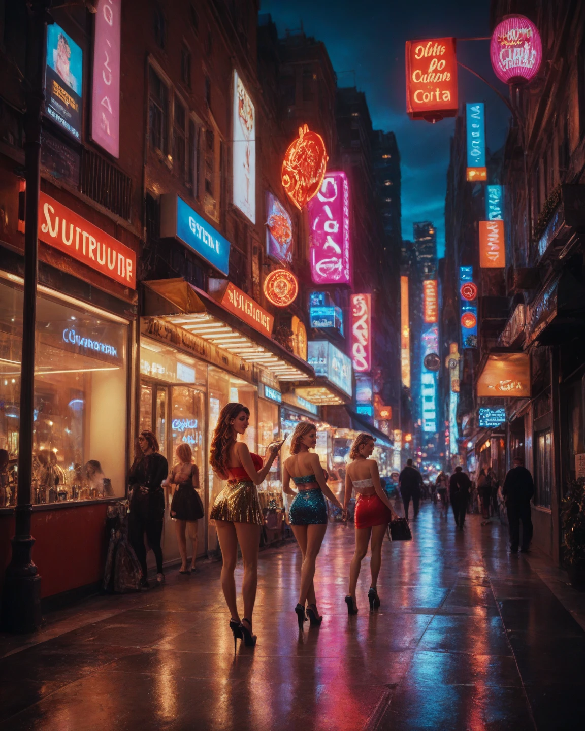 (NSFW, soft fill lighting, studio lighting:1.2) Hyper realistic airbrush painting of (2 nude sexy tanned Polynesian|Asian female models shopping with each other in front of night club, neon lights, holding shopping bags), wearing nothing, trending on artstation, k, global illumination, (hourglass body shapes)