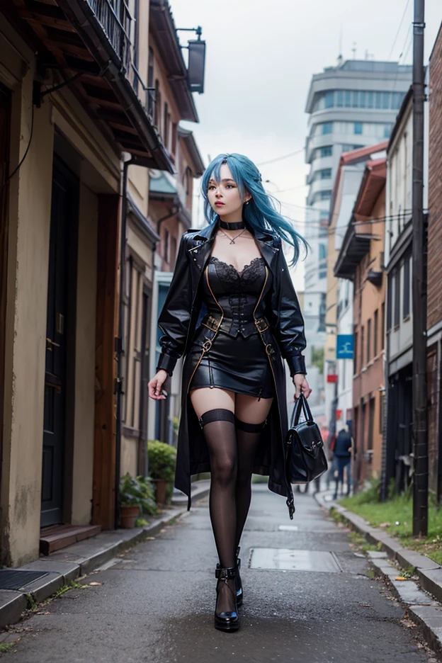 En un hermoso parque una mujer de aspecto moderno. It has a very colorful and striking kawaii gothic style.., con un maquillaje elegante y una peluca colorida.