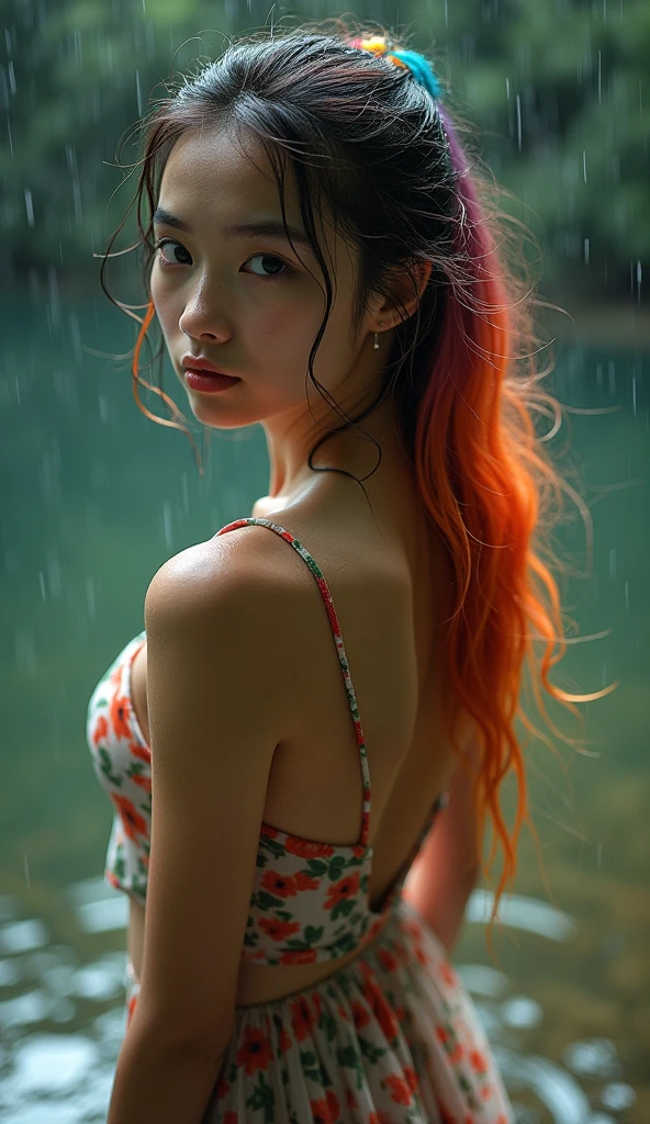 Beautiful handsome woman, ((top quality, 8k, masterpiece:1.retty woman, 1woman, huge breasts:1.3, slender figure:1.1, elastic red long hair, (shower, wet body, wet clothes:1.1), very detailed face, detailed lips, detailed eyes, double eyelids, detailed blue eyes, extremely detailed outstanding blue eyes, red wet hair, red wet hair, detailed outstanding BLUE EYES, innocent stare at the viewer, extremely wet wavy red hair, detailed outstanding BLUE EYES, raining outside