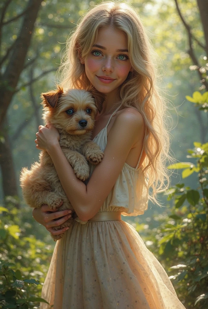 child nine years old ((princess-like woman)), elegant silhouette, work of art, best qualityer, Sweet face, long hair, (work of art:1,2, best qualityer), details Intricate), (1 child, with dog , golden blonde loose hair, large blue eyes, long hair, bracelet, fearful face, gorgeous eyes, gazing at viewer, Ela está usando um pink dress de criança, appropriately dressed as a CEO, pink dress, face haunted by fear, elegant pose, sleek hands, beautiful hands, perfect toes, is in the forest with a beige dog, fund: This is in a forest with red flowers on the road, and with a haunted and fearful face
