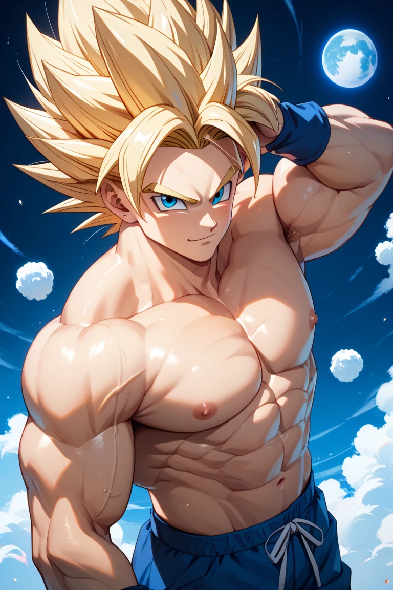 (inspirate in character of Son Goku Sayan Namek saga:1)(masterpiece, best quality), intricate details, 8k, artstation, stroke lines, wallpaper, official art, splash art, storm in background, sharp focus, 1boy, (photorealistic:1.2) (bokeh) (best quality) (detailed skin:1.3) (intricate details) (8k) (detailed eyes) (sharp focus) battle damage, blonde hair, blue sash, clenched teeth, furious, green eyes, (nude torse:1), male focus, muscular, muscular male, pectorals, sash, solo, super saiyan, super saiyan 1, teeth, topless male, torn clothes, (((round pupils))), perfect anatomy, perfect face, perfect eyes,(very detailed eyes:1) (very detailed face:1) (very detailed iris and pupils :1.2)