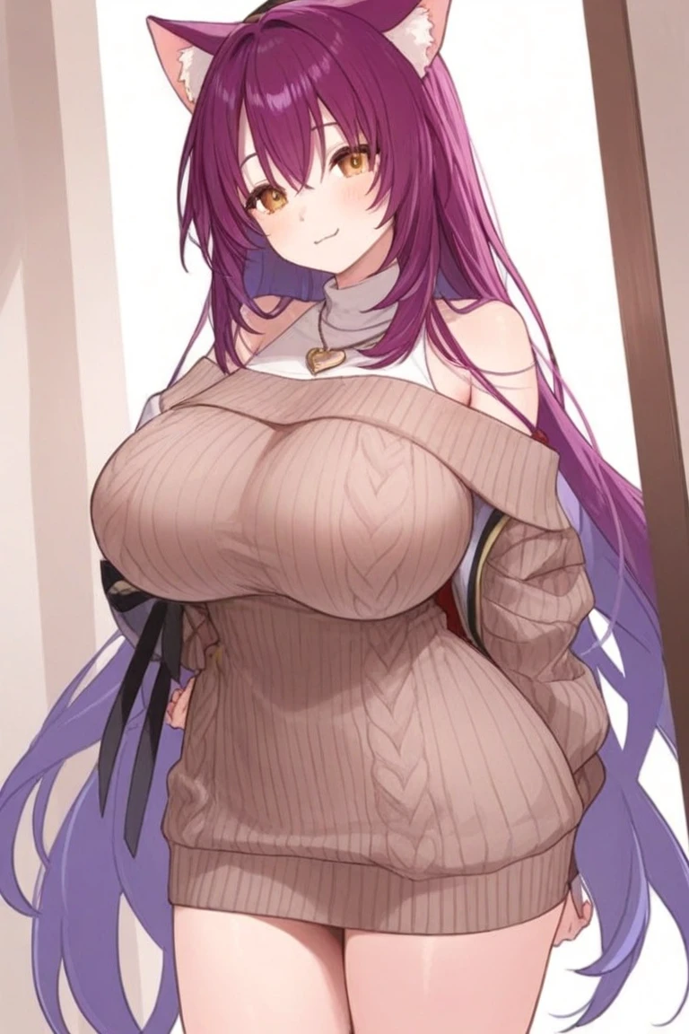 (masterpiece, high quality, highres:1),1girl,solo,large breasts,simple background,false smile,mother,mature female,standing,sweat,fog,sweater,brown hair,brown eyes,flustered,panicking,rushing,long hair,revealing clothes,forced smile,half-closed eyes,plump,wide hips,arms behind back,<lora:ntrface-wasabiya:1>,ntrgao,dark,shaded face,spasm ,(blue eyes , purple hair ),,long hair,,,