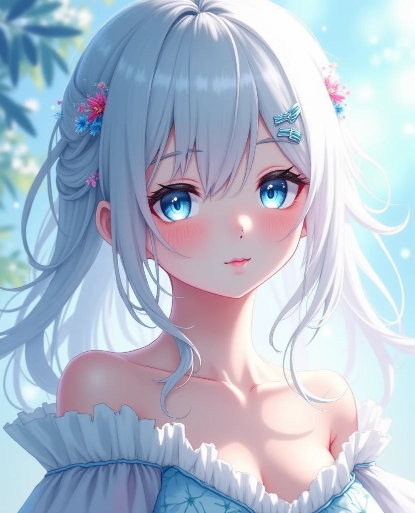 masterpiece, best quality, extremely detailed, (illustration, official art:1.1), 1 girl ,(((( light blue long hair)))), light blue hair, ,10 years old, long hair ((blush)) , small breasts,cute face, big eyes, masterpiece, best quality,(((((a very delicate and beautiful girl))))),Amazing,beautiful detailed eyes,blunt bangs((((little delicate girl)))),tareme(true beautiful:1.2),seductive smile, sense of depth,dynamic angle,,,, (show off own areola slip:1.2),affectionate smile, ,(tiny 1girl model:1.2) ((masterpiece, best quality, extremely detailed, absurdres)), wet, sweat, shiny skin, open stance,, restrained, , point light, sweatdrop,light smile, gasping ,(embarrassed, nose blush,),,reflected light, , solo, depth of field, masterpiece, best quality, extremely detailed、(PHOTO background: 1.3), small breasts, (soft shadows:1.2), upper body, smiling),(flowers petals, bouquet), natural lighting,(off shoulder top),, (flowers petals), ,look at viewer,half updo,,(pastel color line art:1.3), Lomography,nude、puffy nipple