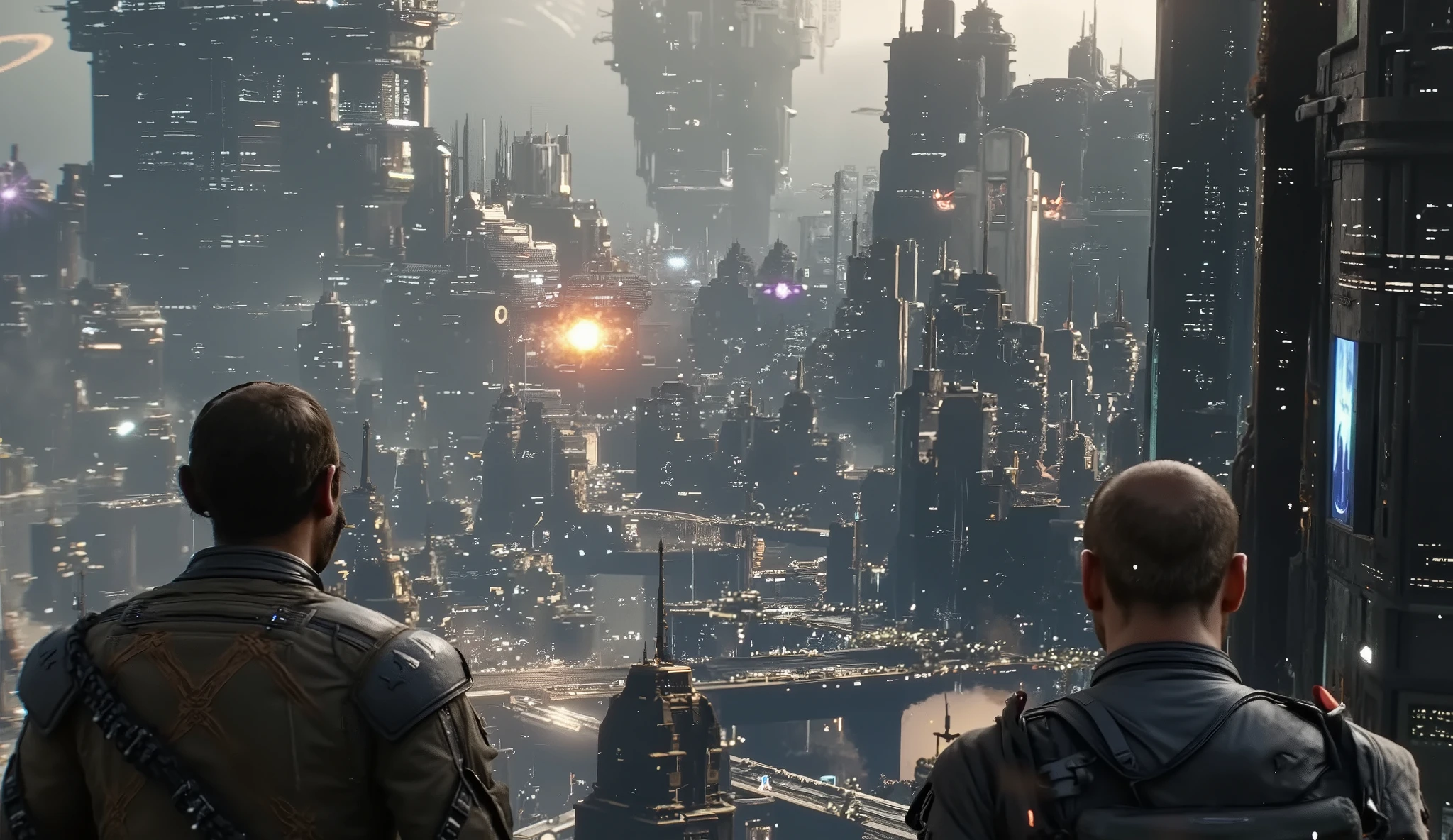 from a distance, CG 16K ultra-realistic, mahakarya, Best Composition, photo quality,  karya seni , lots of detail , 8k,  very detailed , distant fantasy,  isyarat , Hyper-Detailed, Crazy details, Basah,  hujan , Moss on the wall, bunga, banjir , with the backdrop of a beautiful futuristic fantasy city in the style of Coruscant from Star Wars by John Lucas, perang, there are battles going on, the city is attacked by a dreadnought sky, fire from the sky, explosions, buildings burn, sinar x} from tracker shells in sky, a dreadnought falling on fire in background,  pedesaan , there are battles going on, fog , Science fiction, Huge fantastic skyscraper in the background, space elevator towers, Very high background detail,  lots of small details  , crowded streets, lots of passers-by, gloomy sky from burning, molten metal pouring into water, fuel burns in water., two soldiers escorting a slave, neck collars with chains