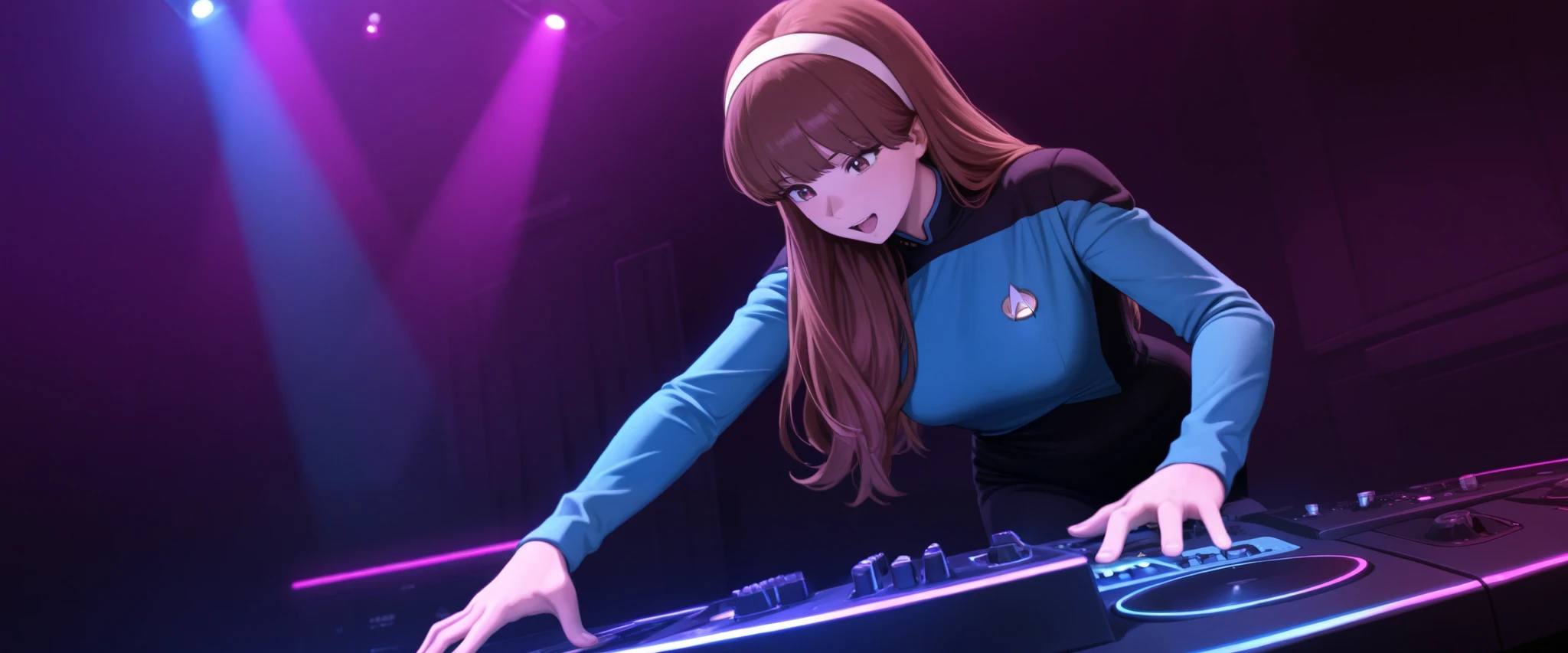 masterpiece,best quality,
,solo,,hairband , brown hair,long hair,bangs,in a indoor rave scene club in hair,strobes lights ,,energetic jumping wild , DJ, DJing at rave, TNG blue uniform,black pants ,