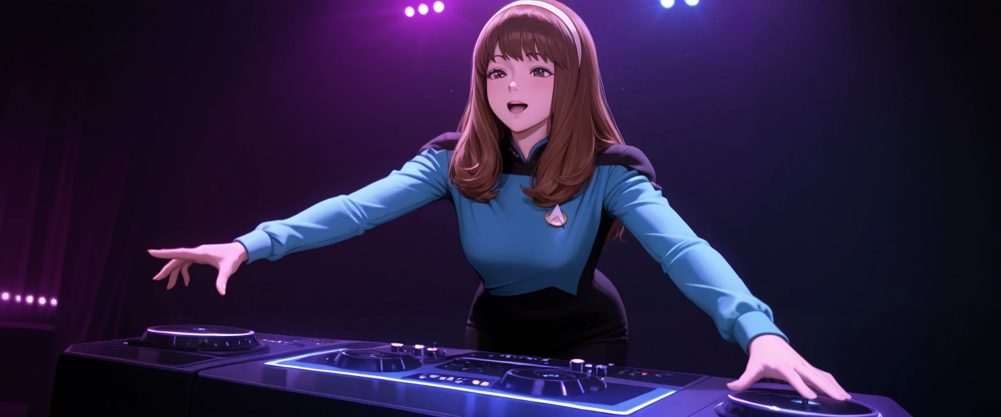 masterpiece,best quality,
,solo,,hairband , brown hair,long hair,bangs,in a indoor rave scene club in hair,strobes lights ,,energetic jumping wild , DJ, DJing at rave, TNG blue uniform,black pants ,