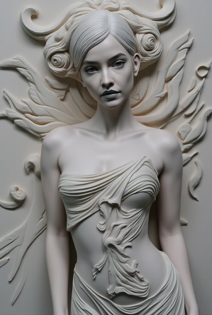 A woman emerging from a block of ceramics, her form partially unfinished as if still in the process of being sculpted. The ceramics are smooth and polished, with a slightly translucent quality that catches the light in a unique way. Her features are delicate and finely detailed, with subtle shading and texture variations across her body, giving the illusion of life