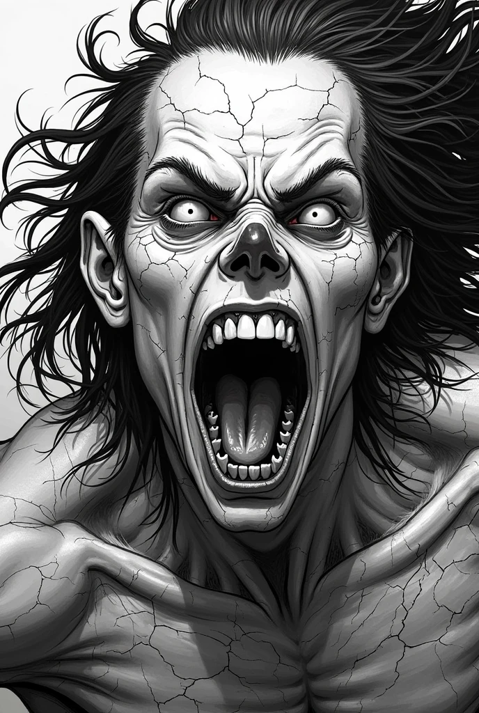 Melting face showing half skull, terror , estilo dibujo blanco y negro