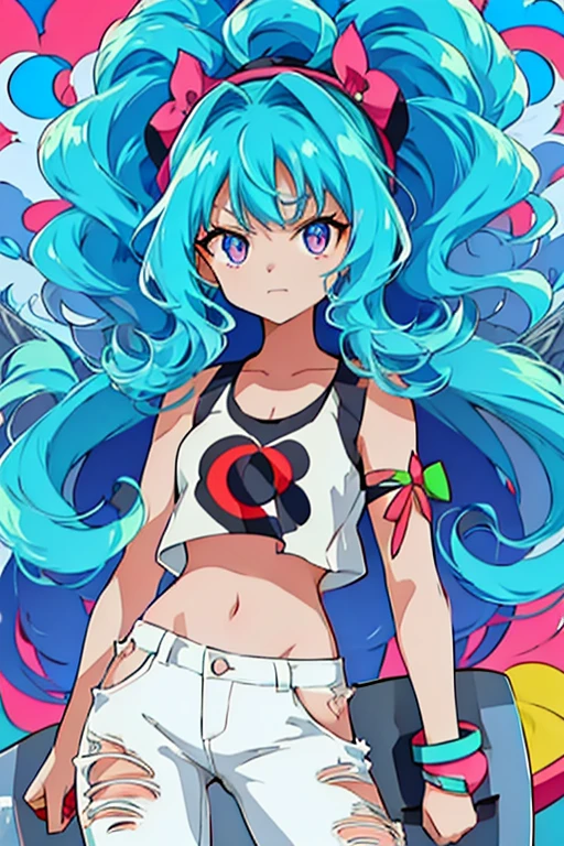 (masterpiece, best quality:1.2), 1girl, solo, cowboy shot, solo, 1girl, cprebecca, colored skin, white skin, cute smile,open mouth, looking at viewer, hands on hips, green hair, twintails, artificial eye, colored sclera, red sclera, red orange and green eyes,black jacket, bra, panties