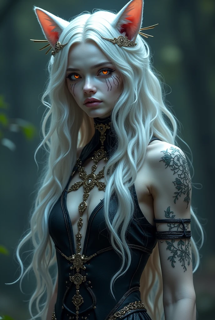 A woman with long, flowing silver hair, with soft waves, reflecting light in an almost ethereal way. Silver has a subtle shine, the eyes have an intense color, as deep red the skin is very light, almost translucent, typical of vampires, with a touch of luminosity that suggests magic.
She wears a long black velvet dress, adorned with silver details and wearing necklaces with amulets and flowers intertwined in her hair and has a constellation on her left arm In the background a blurred shadowy figure that represents the antagonist, with a threatening aura in a setting that mixes elements of nature and magic.
An enchanted forest with tall trees and bright flowers, but also with sinister shadows that suggest danger with symbols and runes that represent both blood (like drops or marks) as the charms (como estrelas)