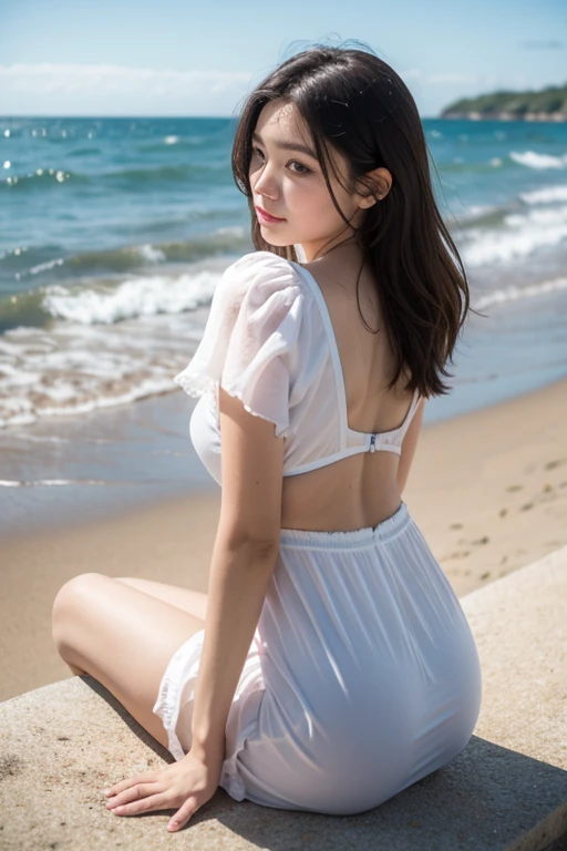 （最佳quality,highres,masterpiece:1.2),ultra-detailed,8K，wallpaper，official art，splash art，focus，1 girl，beautiful face，Beach bathed in sunshine，（Crouching on the beach with hunched back，Get down），(((Sheer see-through tulle skirt reveals skin，Perfect curves visible through the sun to bare skin)))，Elegant and sexy figure，Observe her from above，looking down，from knee up。